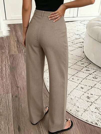 SHEIN Holidaya Women's Solid Color Textured Fabric Casual Loose Pants,Summer Khaki Office Vacation Leisure Trousers,Ladies Linen Pants Not See Through